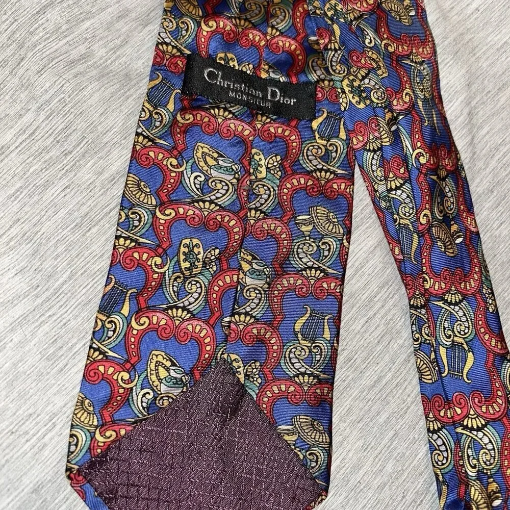 Vintage Christian Dior Monsieur Multi Color Geometric Medallion Silk Tie